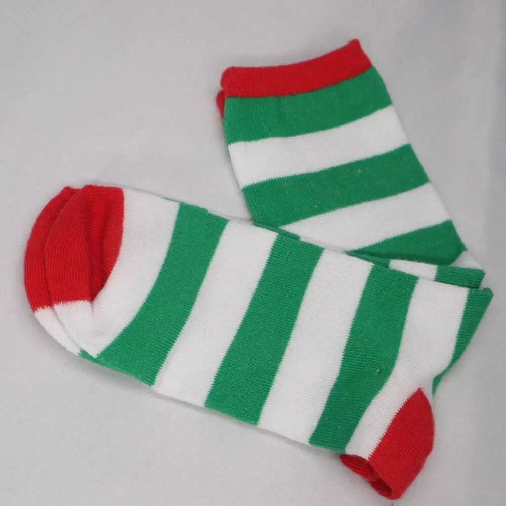 Striped Crew Socks Green White w Red Toe/heel Size 5-10 Holiday Costume